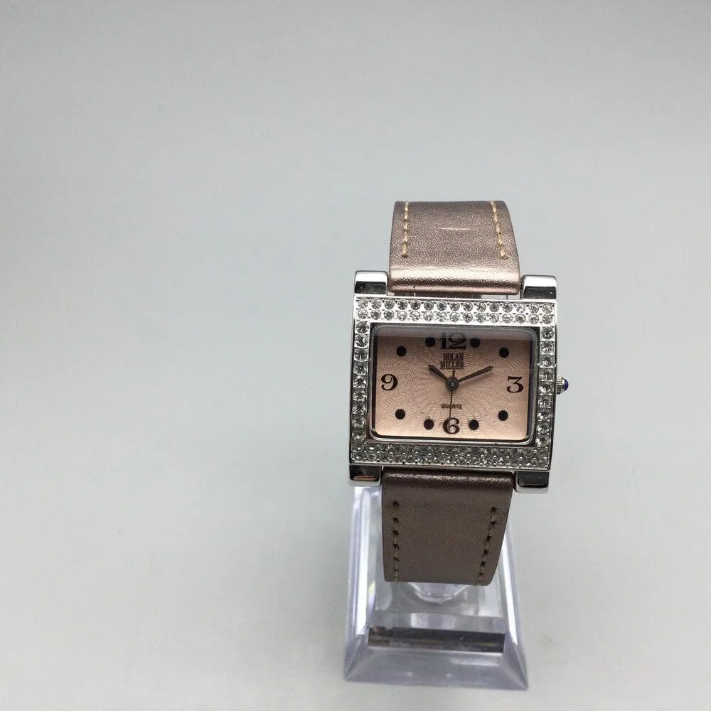 Nolan Miller Womens Watch 30mm Rose Dial Crystal Bezel Brown Leather New Battery